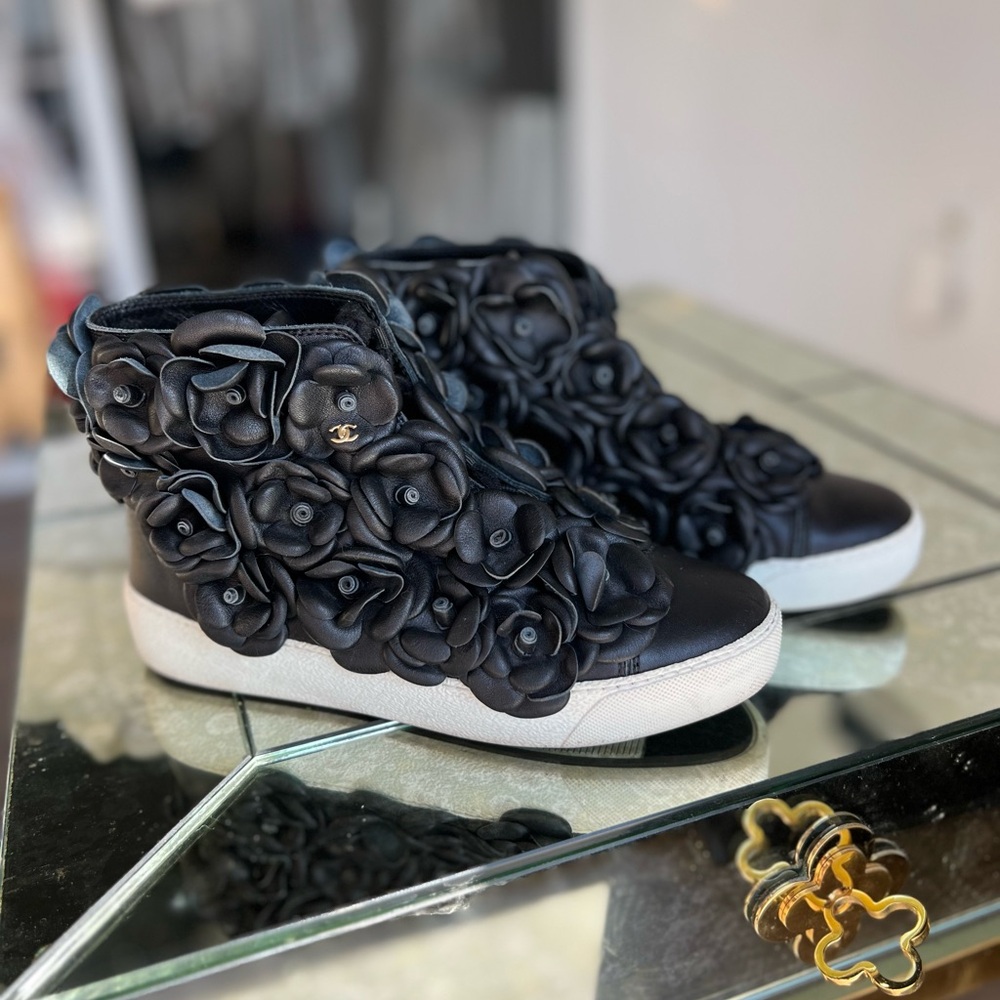 CHANEL Leather Camellia High Top Sneaker size 36